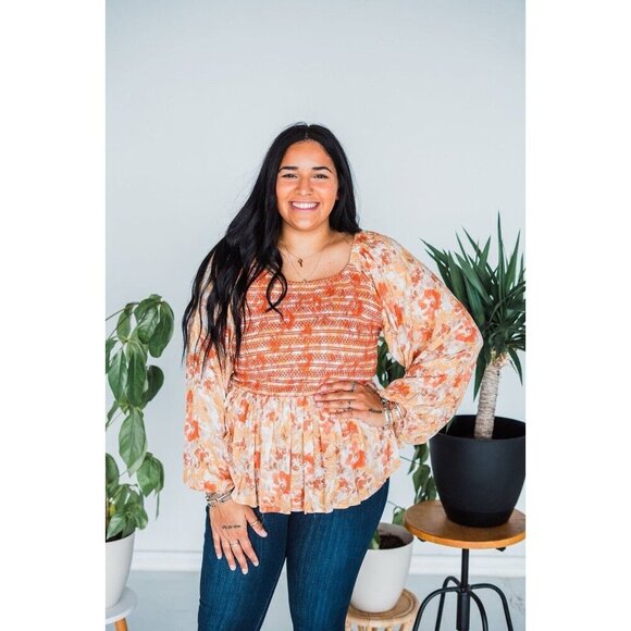 Floral Top 2x Boho cottage peasant Long Sleeve Embroidered smocked cute prairie - Picture 1 of 10